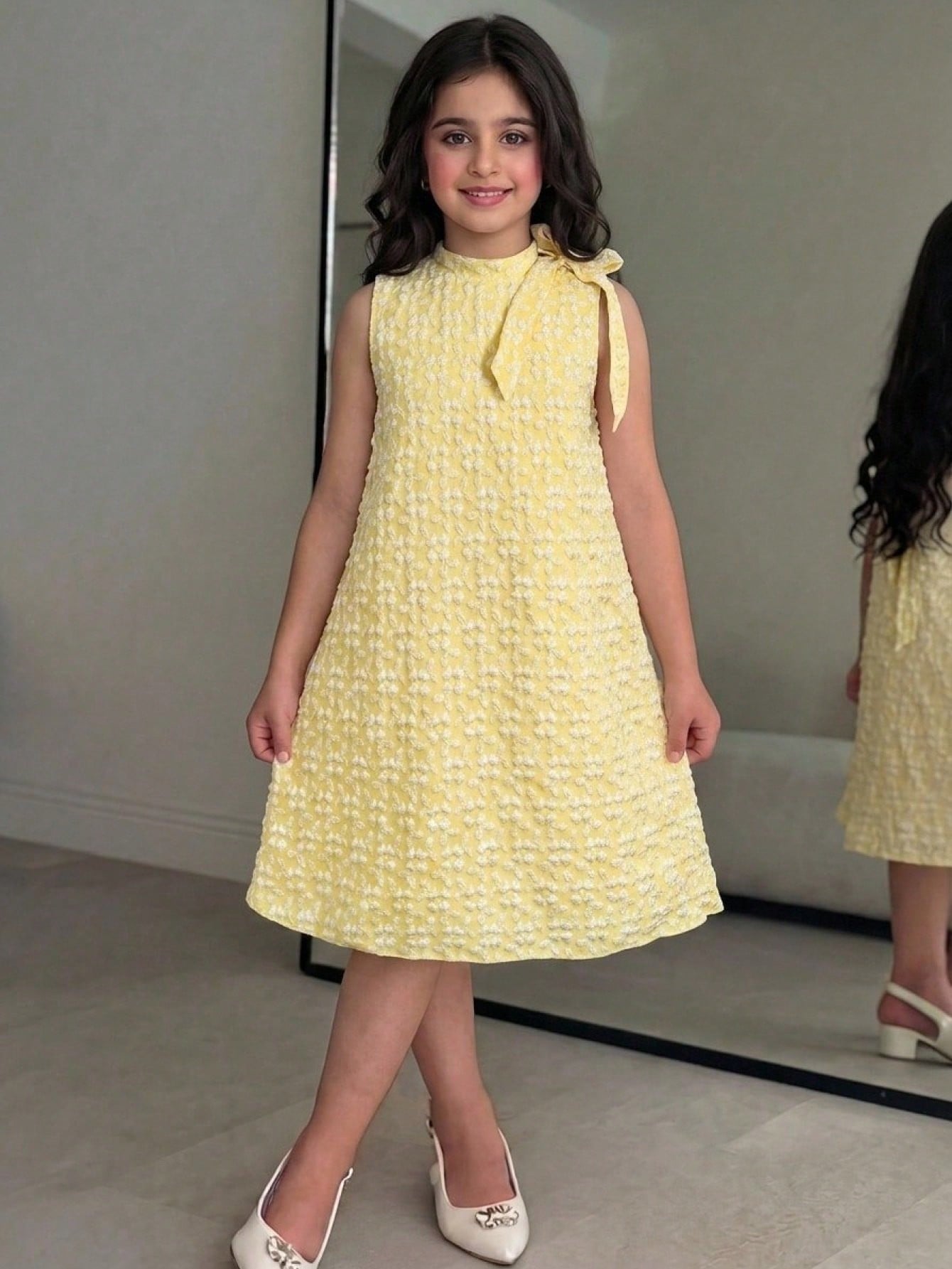 Apricot sleeveless embroidery mesh tunic princess dress for tween girls featuring appliques, stand collar, zipper closure, and short straight hem.