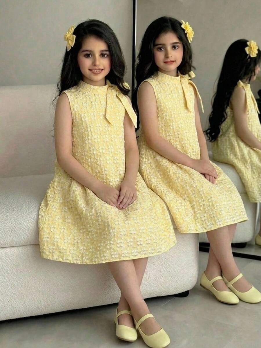 Apricot sleeveless embroidery mesh tunic princess dress for tween girls featuring appliques, stand collar, zipper closure, and short straight hem.