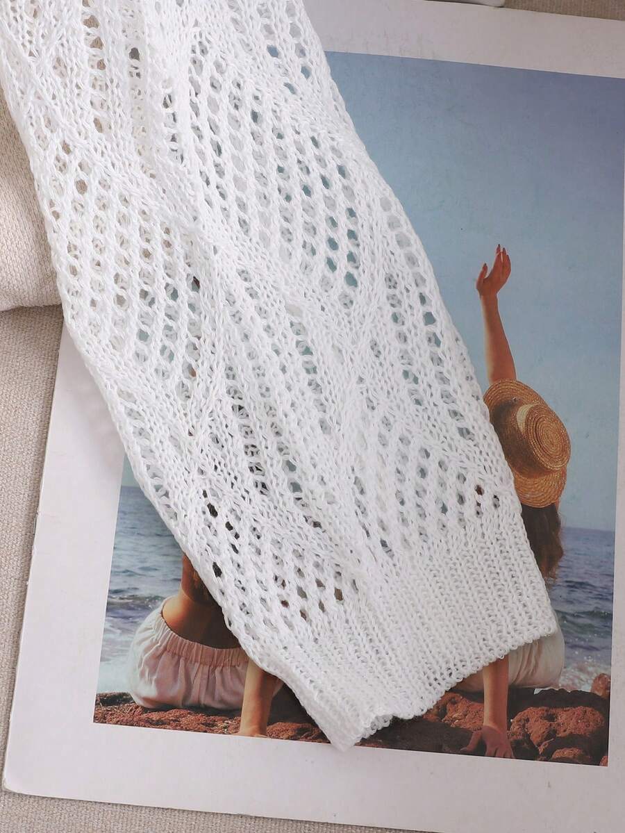 White tween girls V-neck long sleeve semi-sheer cover-up top with fitted shape and plain solid color design for beachwear layering.