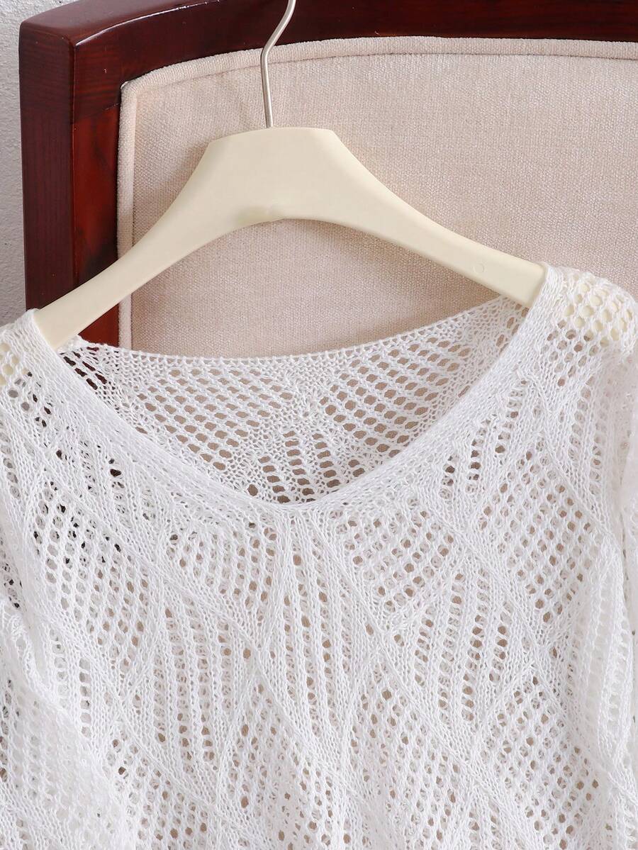 White tween girls V-neck long sleeve semi-sheer cover-up top with fitted shape and plain solid color design for beachwear layering.