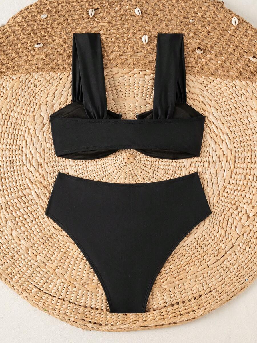 Springbreak black high waist bikini set for women featuring wireless bra top with ruffle lettuce trim and V-wired detail.