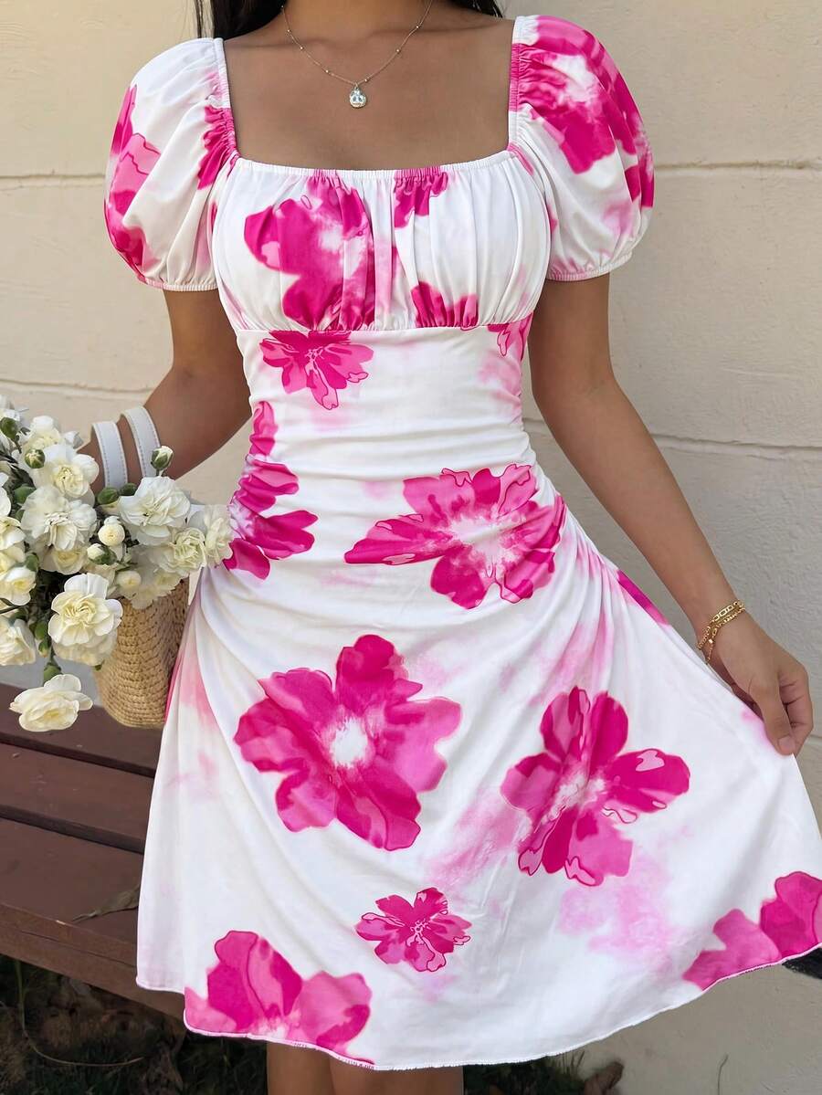 Teen girls red floral print A-line party dress featuring short puff sleeves, square neckline, ruched bust, and contrast lace details.