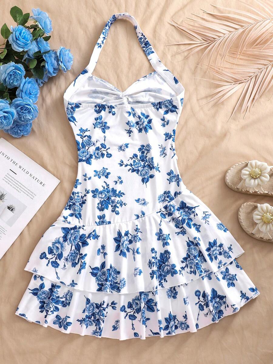 Tween girls apricot sleeveless halter mini dress with textured starfish and shell decor, shirred tiered layer, high waist, and flounce hem.