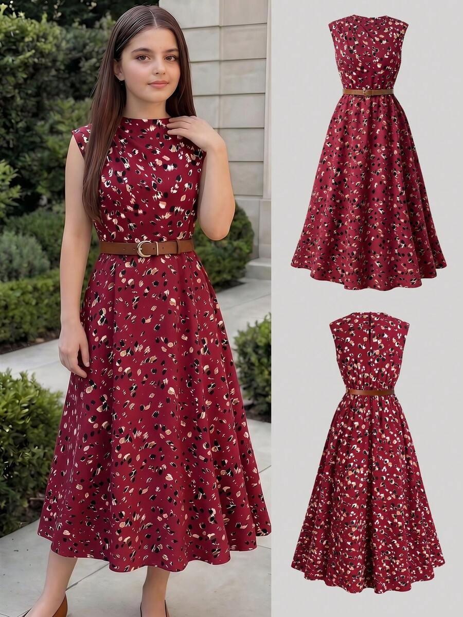 Tween girl wearing an apricot plant print sleeveless A-line long dress with a round neckline and flared skirt.