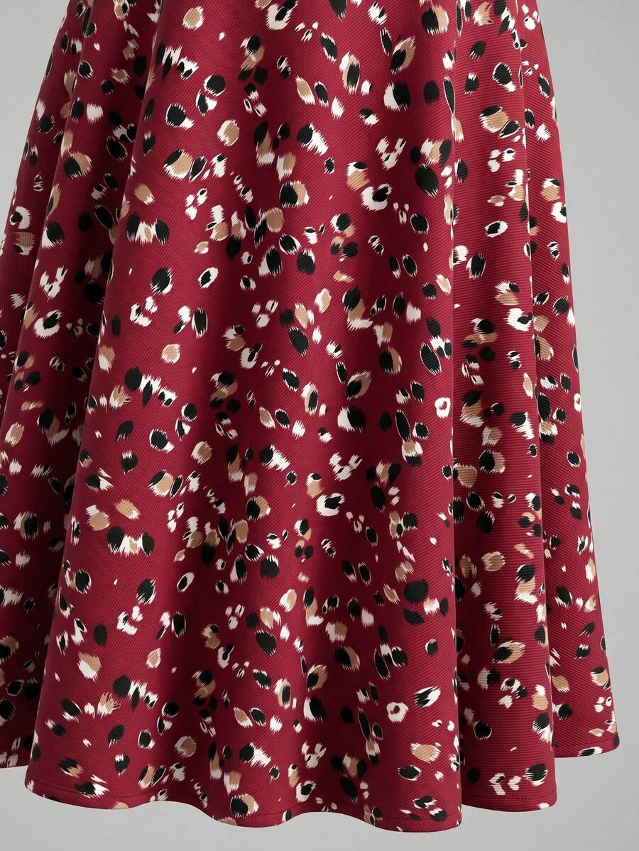 Tween girl wearing an apricot plant print sleeveless A-line long dress with a round neckline and flared skirt.