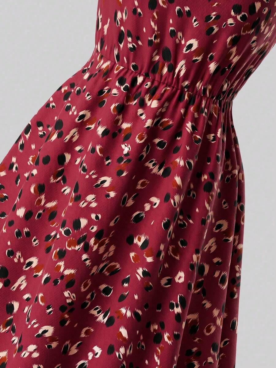Tween girl wearing an apricot plant print sleeveless A-line long dress with a round neckline and flared skirt.