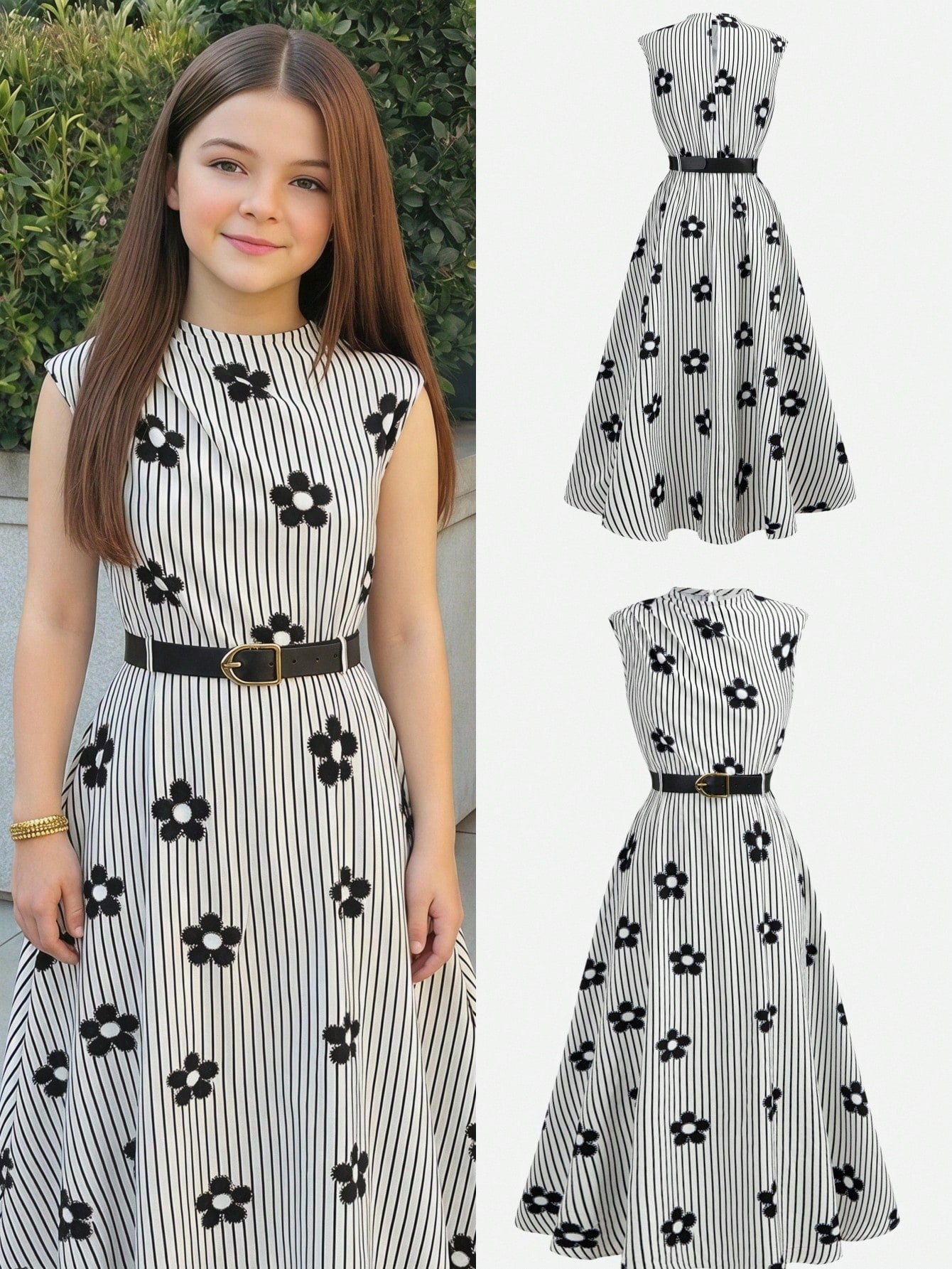 Tween girl wearing an apricot plant print long dress featuring a stand collar, short sleeves, high waist, flared hem, and back zipper closure.