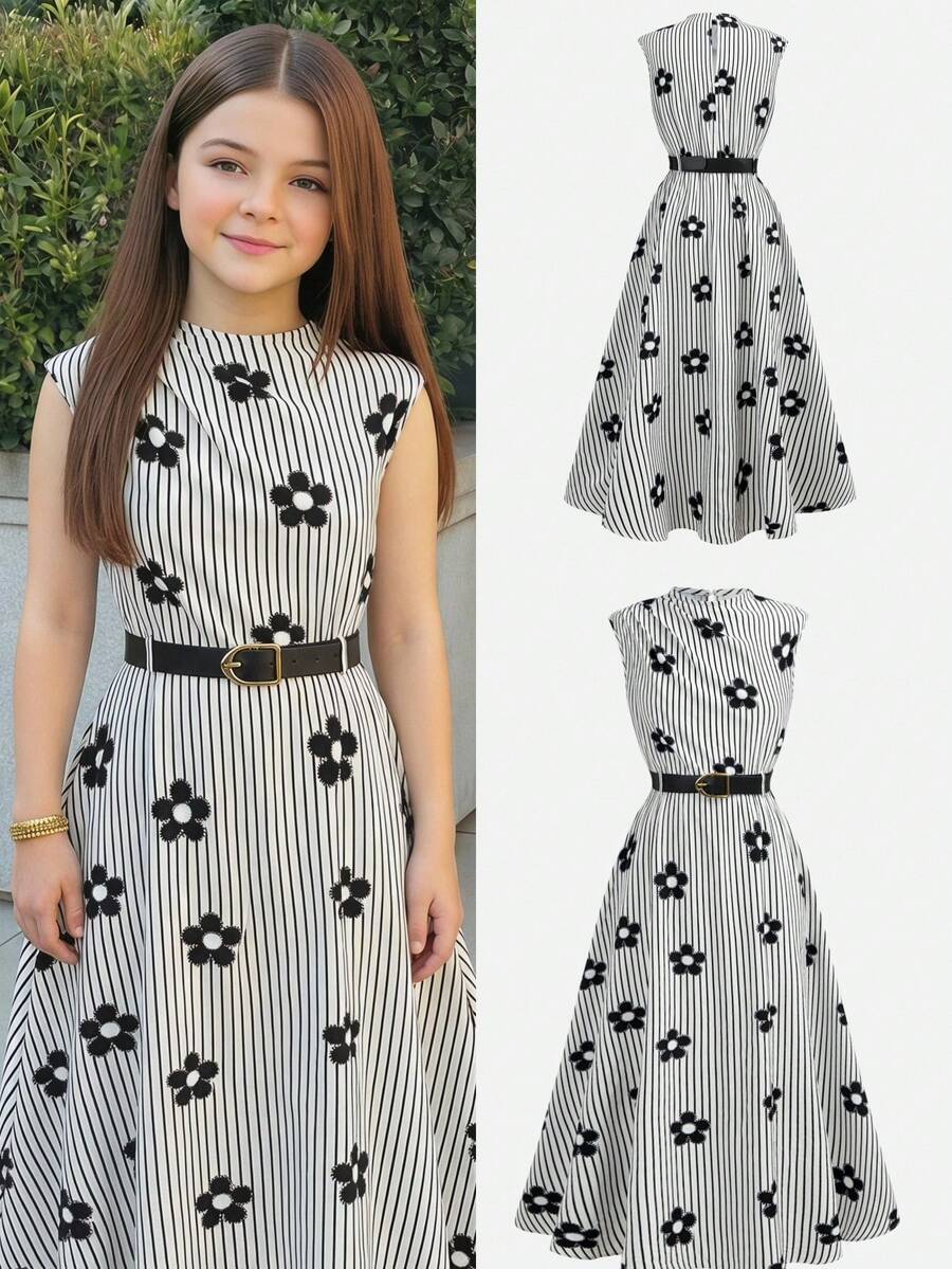 Tween girl wearing an apricot plant print long dress featuring a stand collar, short sleeves, high waist, flared hem, and back zipper closure.