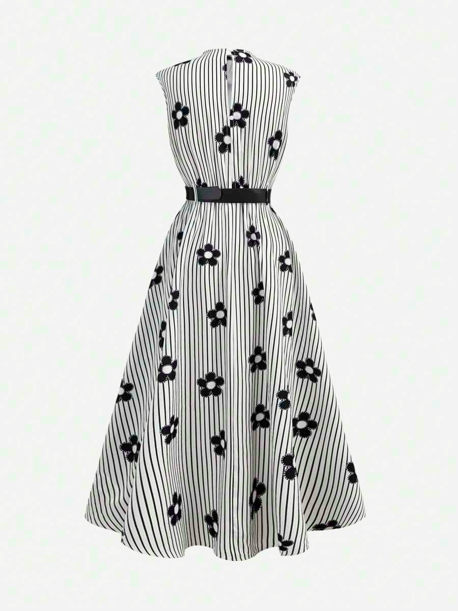 Tween girl wearing an apricot plant print long dress featuring a stand collar, short sleeves, high waist, flared hem, and back zipper closure.