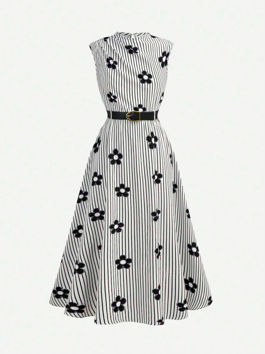 Tween girl wearing an apricot plant print long dress featuring a stand collar, short sleeves, high waist, flared hem, and back zipper closure.
