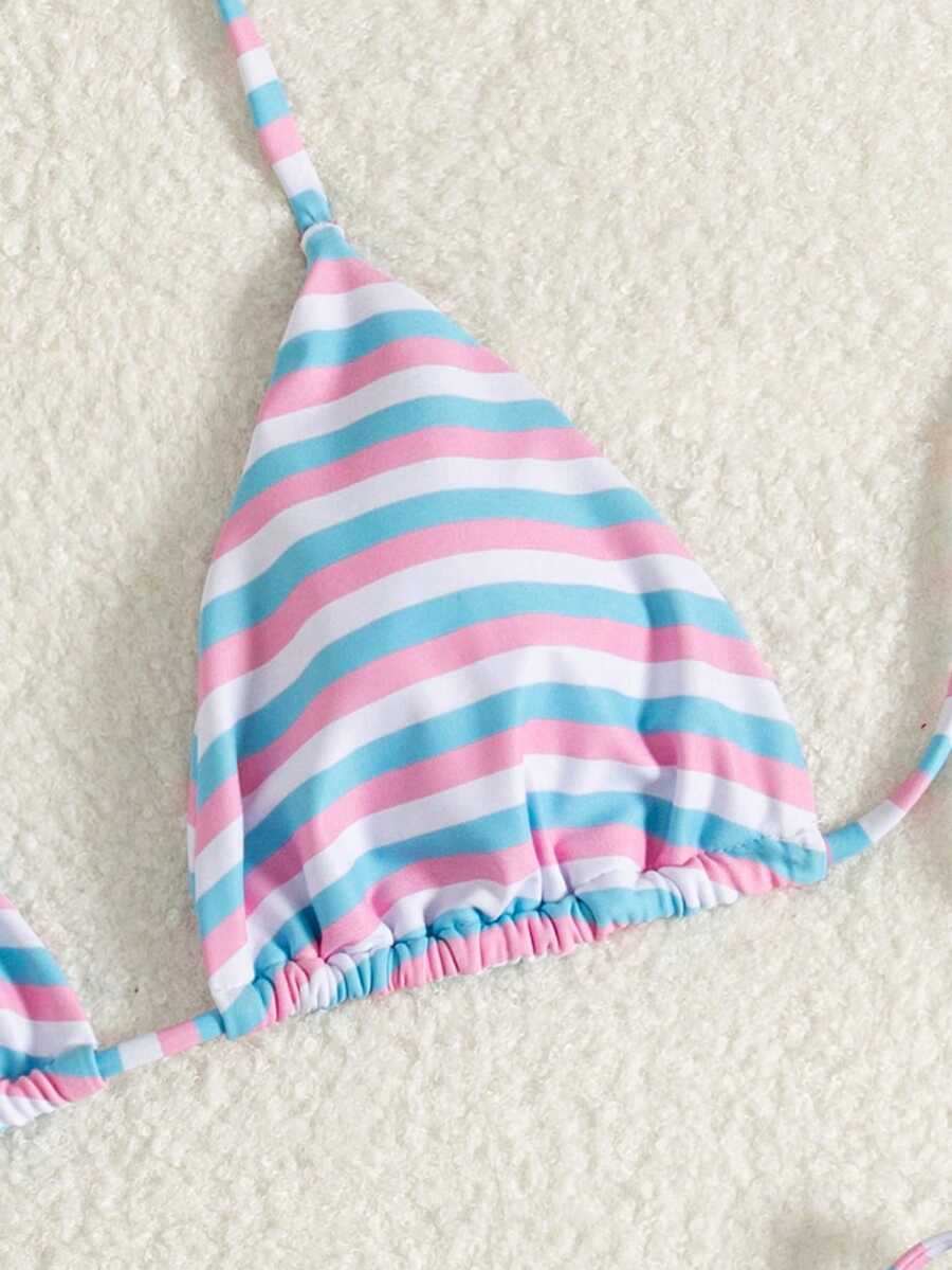 Women's printed halter neck tie two-piece swimwear featuring a wireless triangle top with removable padding and high-waist high-cut bikini bottoms.