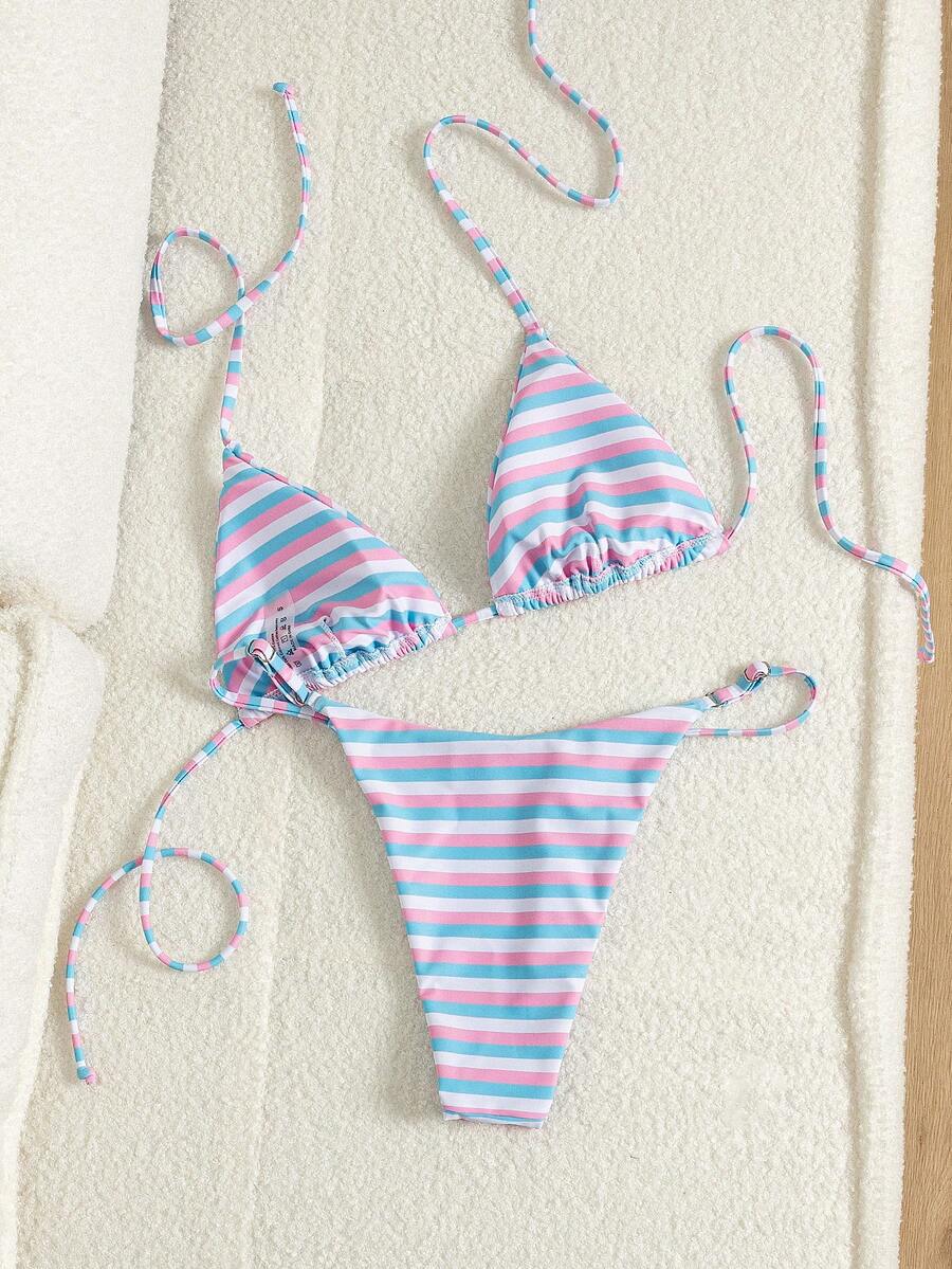 Women's printed halter neck tie two-piece swimwear featuring a wireless triangle top with removable padding and high-waist high-cut bikini bottoms.