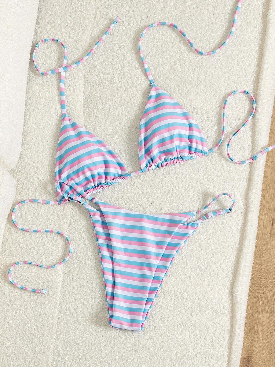 Women's printed halter neck tie two-piece swimwear featuring a wireless triangle top with removable padding and high-waist high-cut bikini bottoms.