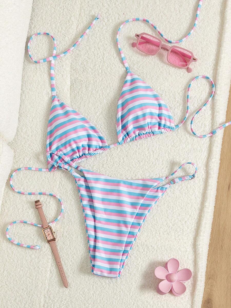 Women's printed halter neck tie two-piece swimwear featuring a wireless triangle top with removable padding and high-waist high-cut bikini bottoms.