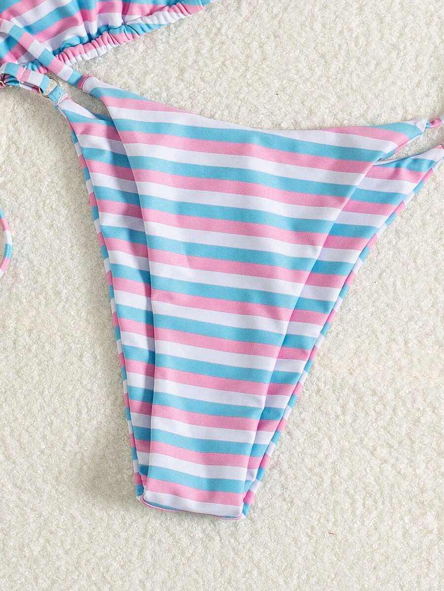 Women's printed halter neck tie two-piece swimwear featuring a wireless triangle top with removable padding and high-waist high-cut bikini bottoms.