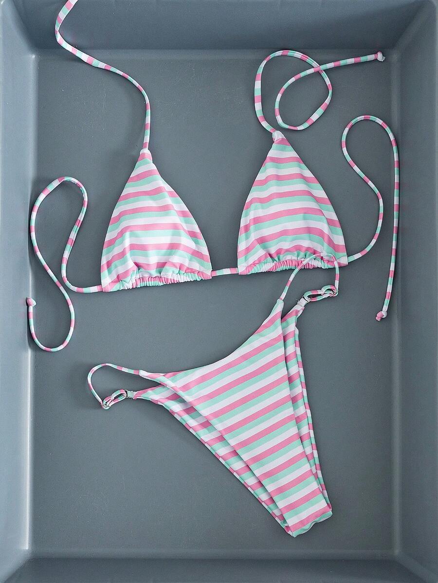 Women's printed halter neck tie two-piece swimwear featuring a wireless triangle top with removable padding and high-waist high-cut bikini bottoms.