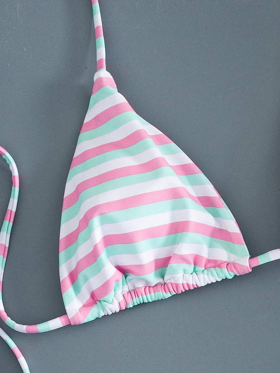 Women's printed halter neck tie two-piece swimwear featuring a wireless triangle top with removable padding and high-waist high-cut bikini bottoms.