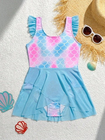 Tween girl one-piece swimsuit with multicolor fish scale graphic print, ruffle details, contrast mesh, round neck, and skirt bottom for beach or pool wear