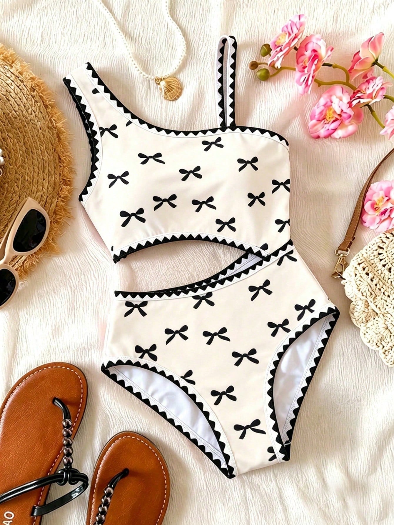 Tween girls one-piece swimsuit featuring an asymmetric neckline, pendant decor, plain design, wireless bra, high-cut bottom, and medium-stretch fabric.