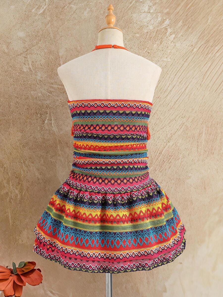 Tween girls apricot sleeveless halter mini dress with textured starfish and shell decor, shirred tiered layer, high waist, and flounce hem.