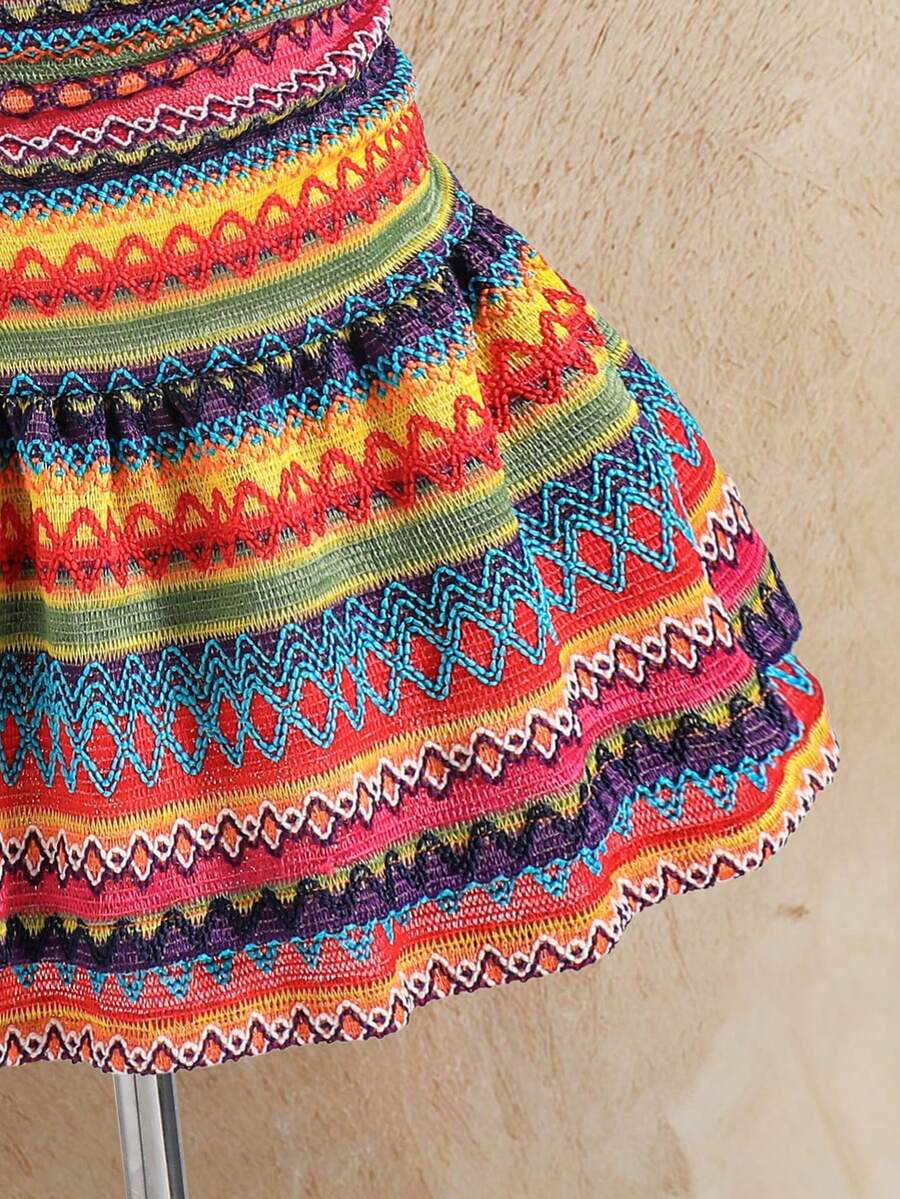 Tween girls apricot sleeveless halter mini dress with textured starfish and shell decor, shirred tiered layer, high waist, and flounce hem.