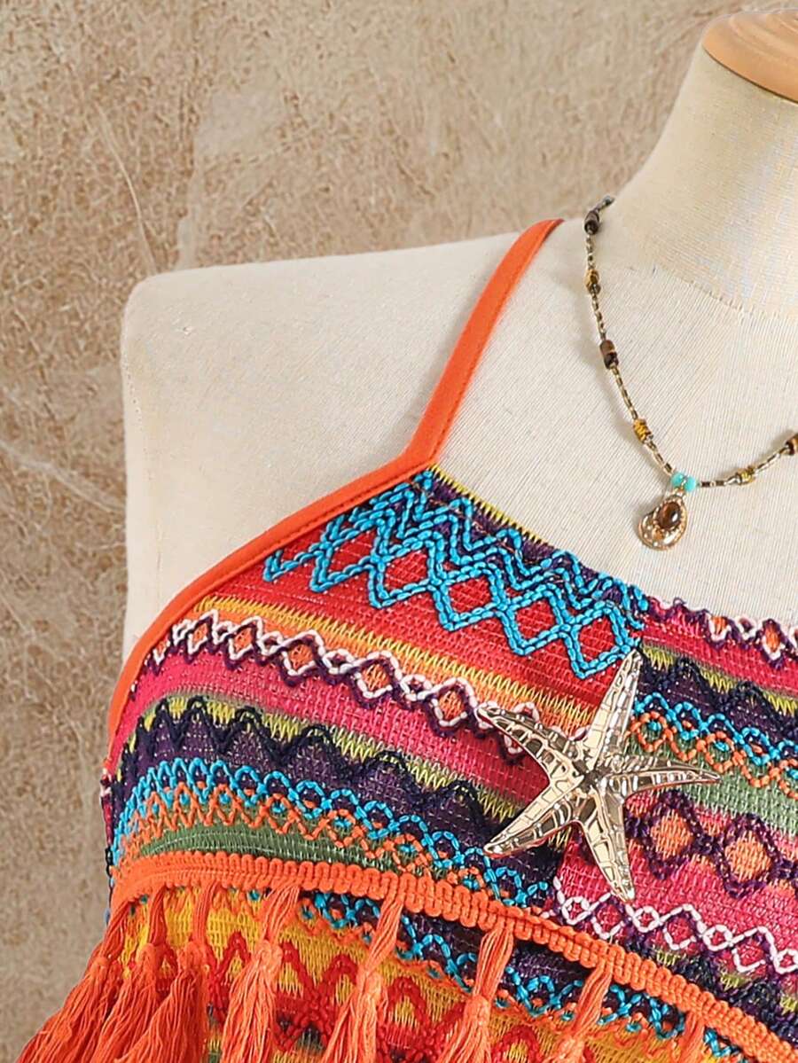 Tween girls apricot sleeveless halter mini dress with textured starfish and shell decor, shirred tiered layer, high waist, and flounce hem.