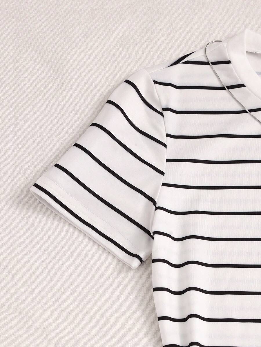 Girls black striped midi dress featuring short sleeves, round neck, slim fit, and flared hem.
