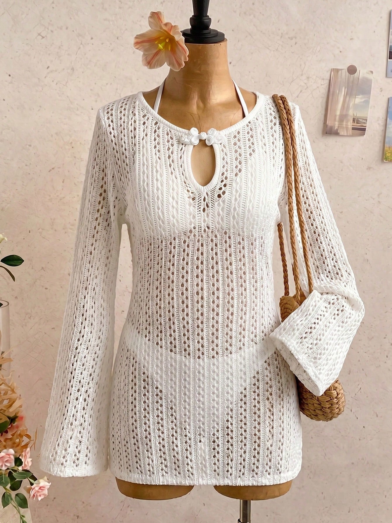 Tween girls semi-sheer white cover-up dress with V-neckline, long sleeves, contrast lace details, and zipper accent for beachwear layering.