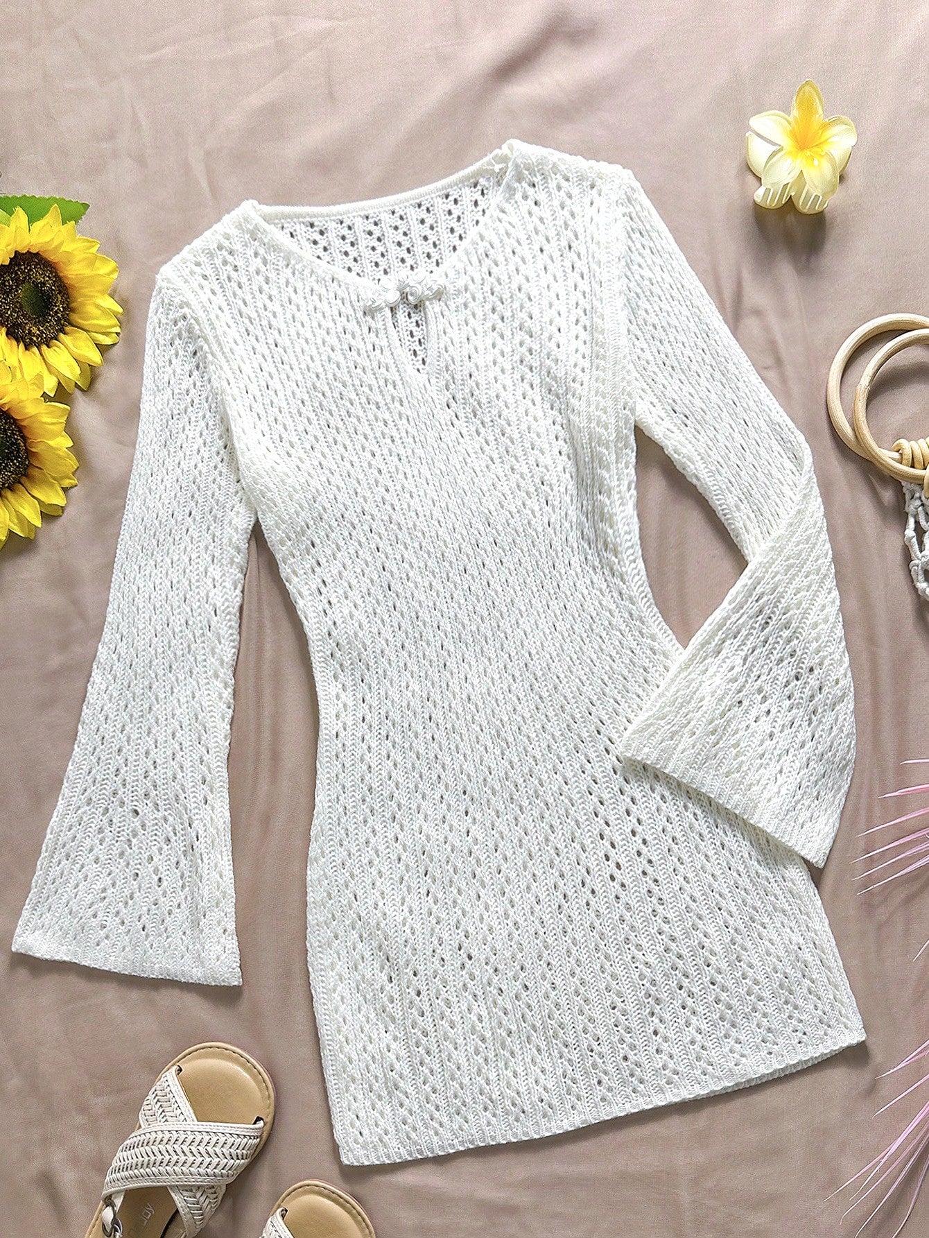 Tween girls semi-sheer white cover-up dress with V-neckline, long sleeves, contrast lace details, and zipper accent for beachwear layering.