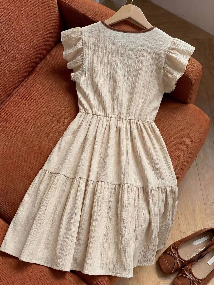 Apricot striped tween girl midi dress with flounce short sleeves, round neckline, high-waist belt, and layered ruffle hem.