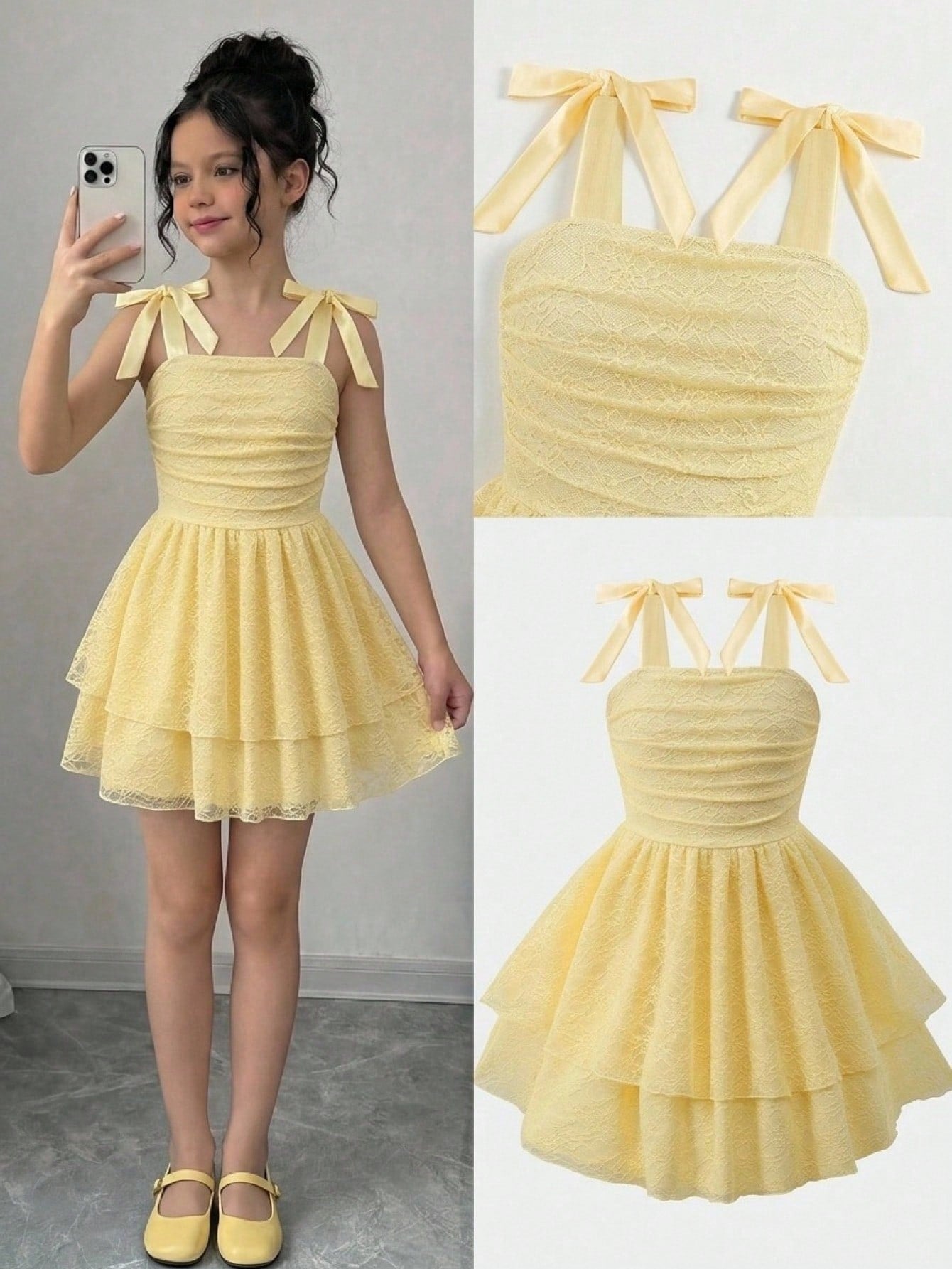 Tween girl wearing a pink tiered off-the-shoulder midi dress with shirred high waist and layered hem