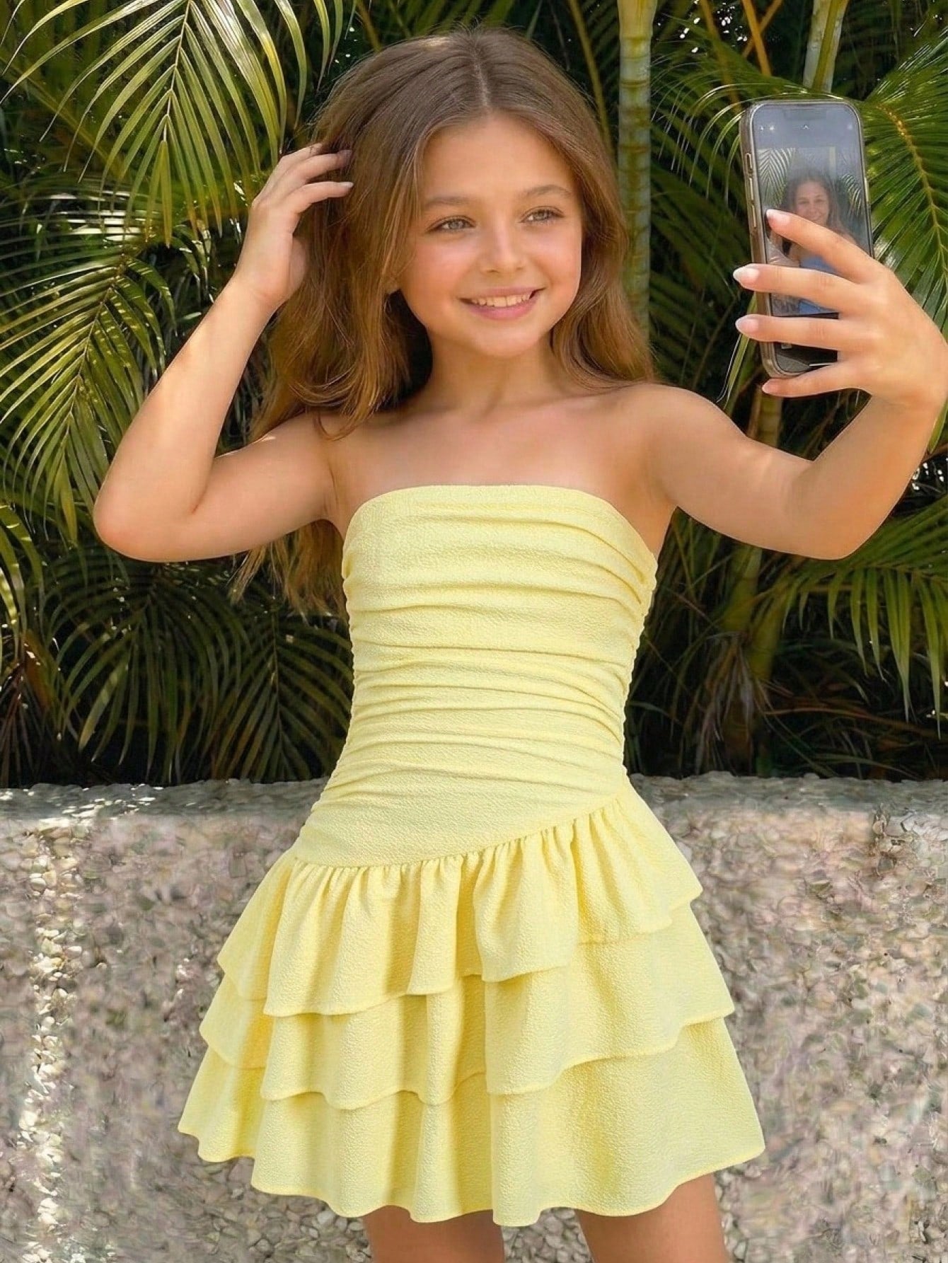 Tween girls strapless tube dress with plant print, belted high waist, tiered layer, zipper detail, flared hem, and short slim fit