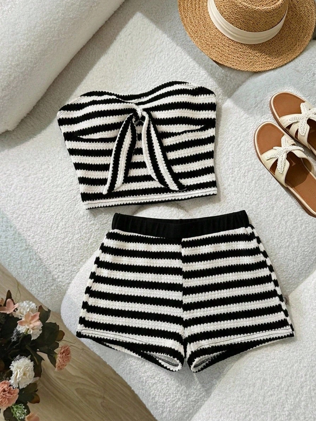 Tween girls black strapless tank top and shorts set with leopard print contrast waistband