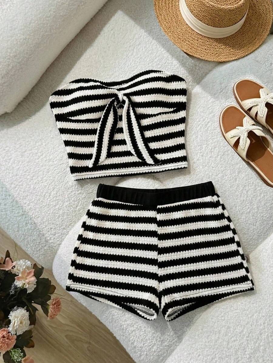 Tween girls black strapless tank top and shorts set with leopard print contrast waistband