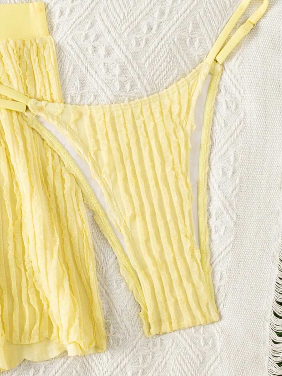 Women's 3-piece frill trim bikini set with halter tie-back top and high waist bottoms.