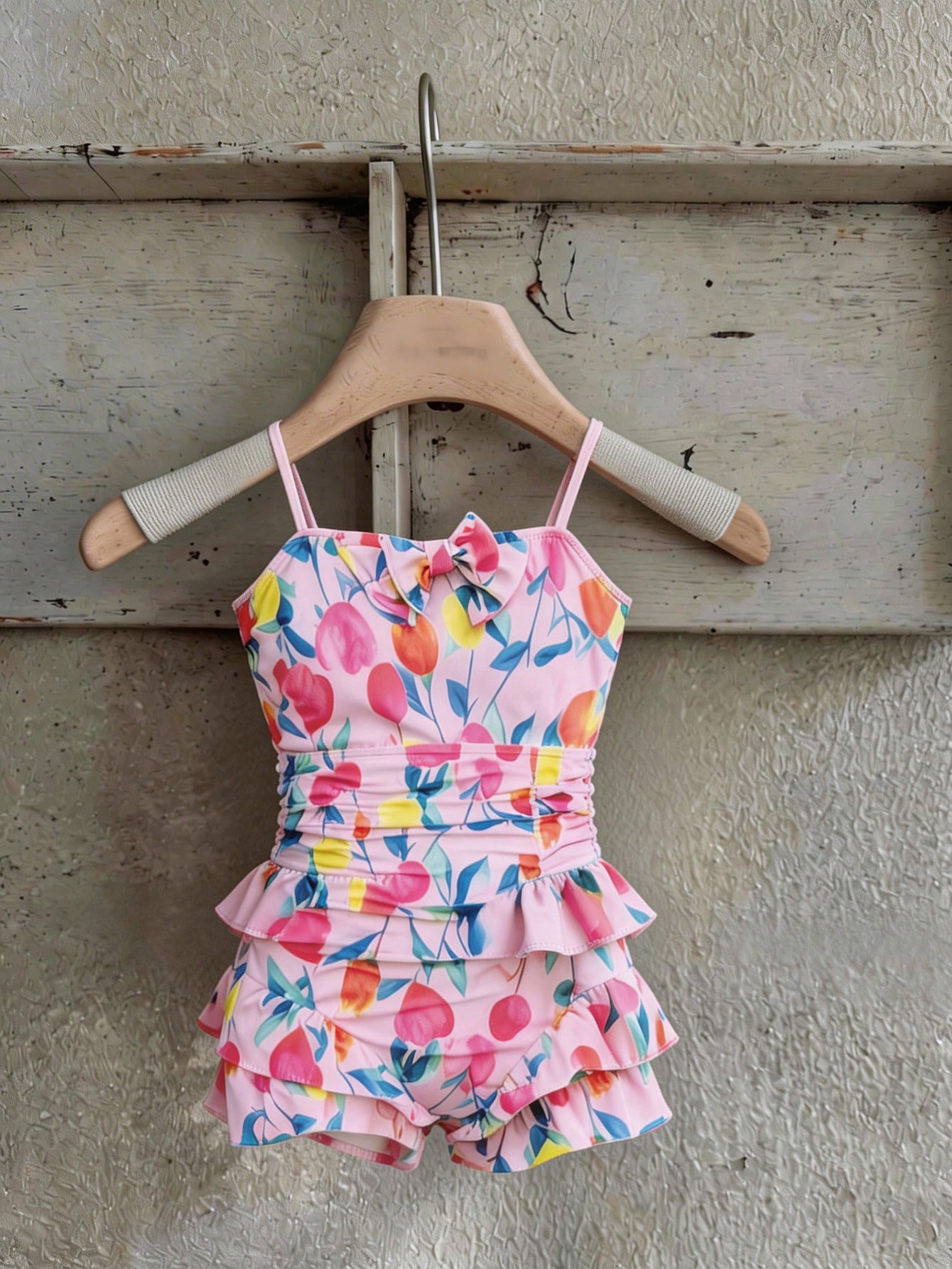 Pink one-piece swimsuit for tween girls with ruffle details, spaghetti straps, all-over print, and mid-waist bottom