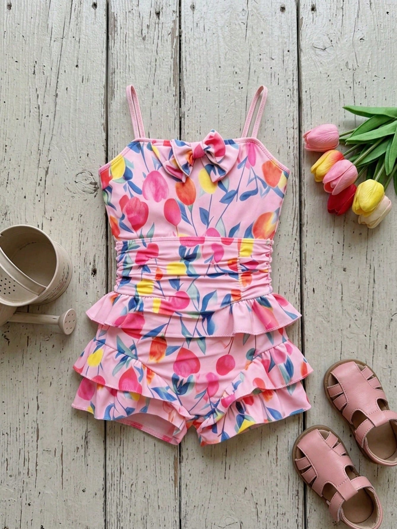 Pink one-piece swimsuit for tween girls with ruffle details, spaghetti straps, all-over print, and mid-waist bottom