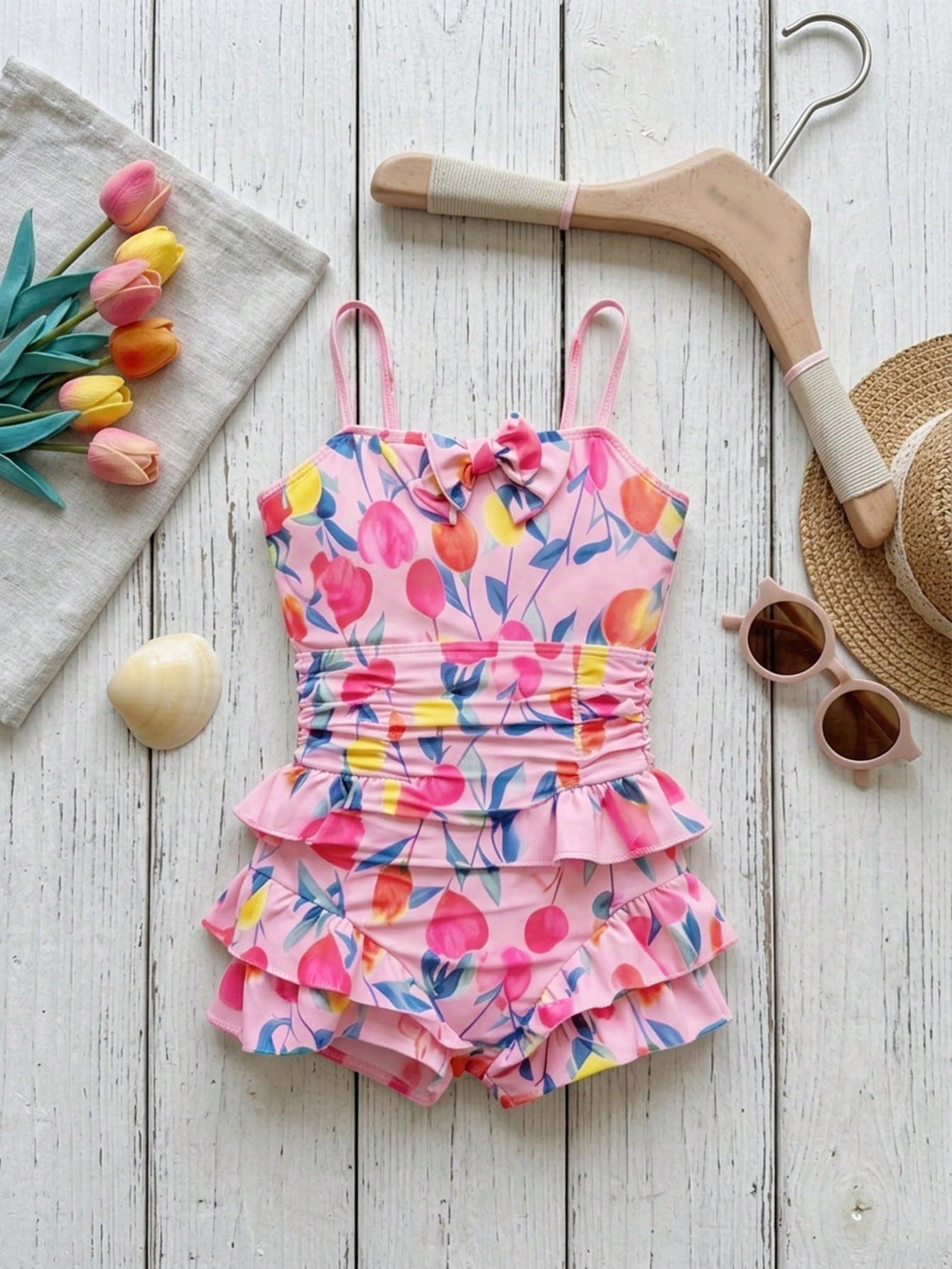 Pink one-piece swimsuit for tween girls with ruffle details, spaghetti straps, all-over print, and mid-waist bottom