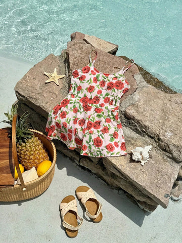 Girls' red and white one-piece swimsuit with fruit and vegetable print, spaghetti straps, applique details, and zipper for vacation summer swimwear.