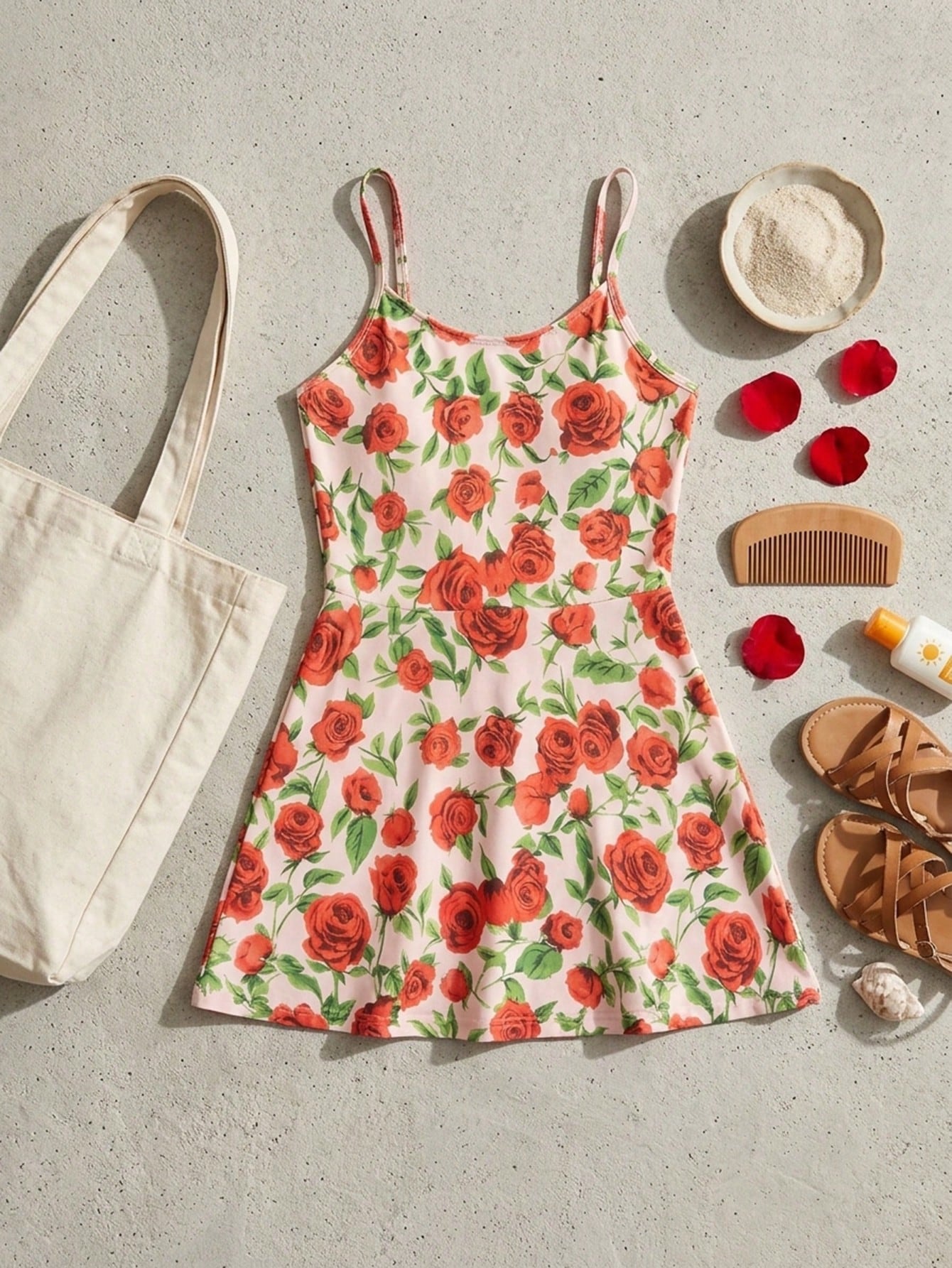 Girls' red and white one-piece swimsuit with fruit and vegetable print, spaghetti straps, applique details, and zipper for vacation summer swimwear.