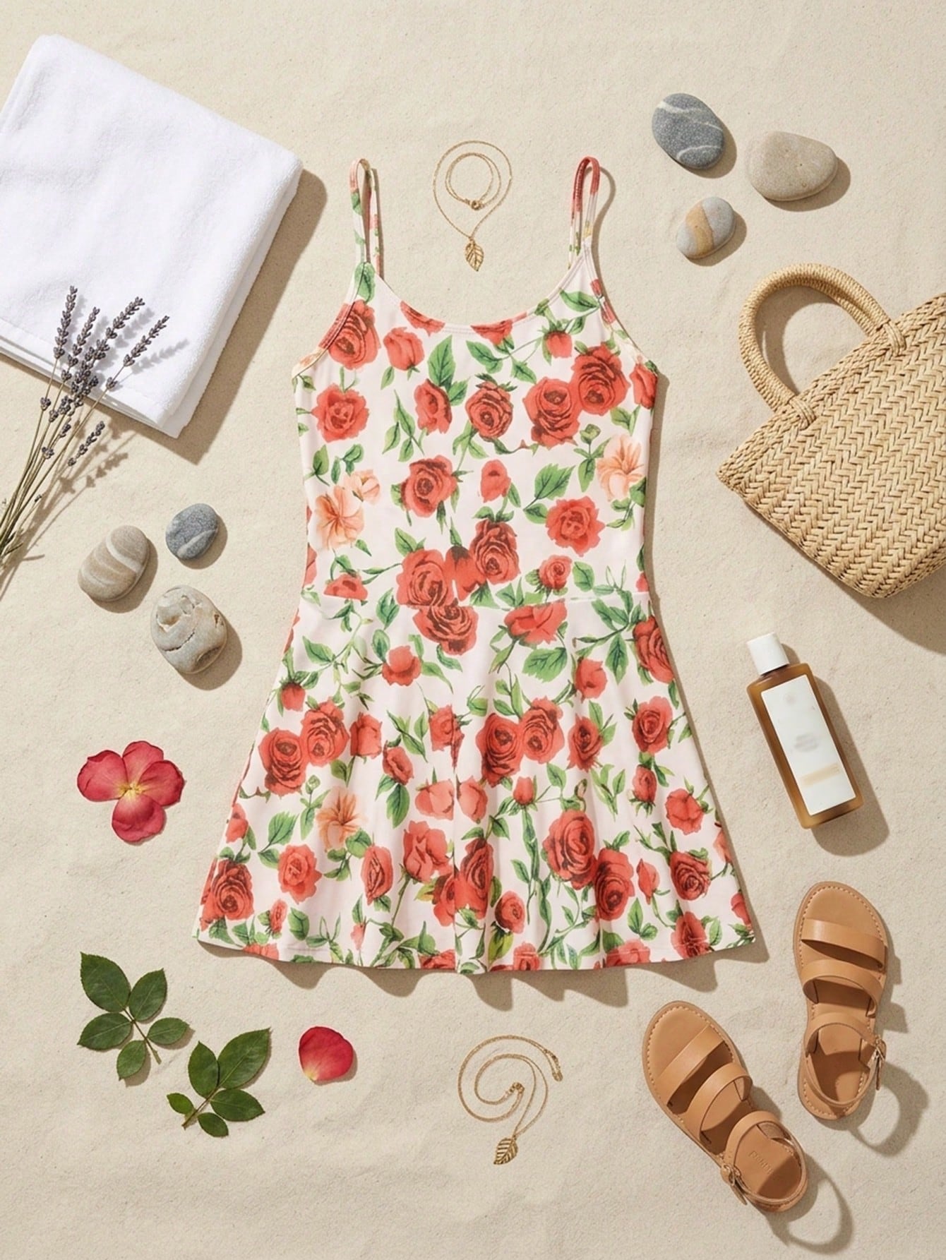 Girls' red and white one-piece swimsuit with fruit and vegetable print, spaghetti straps, applique details, and zipper for vacation summer swimwear.