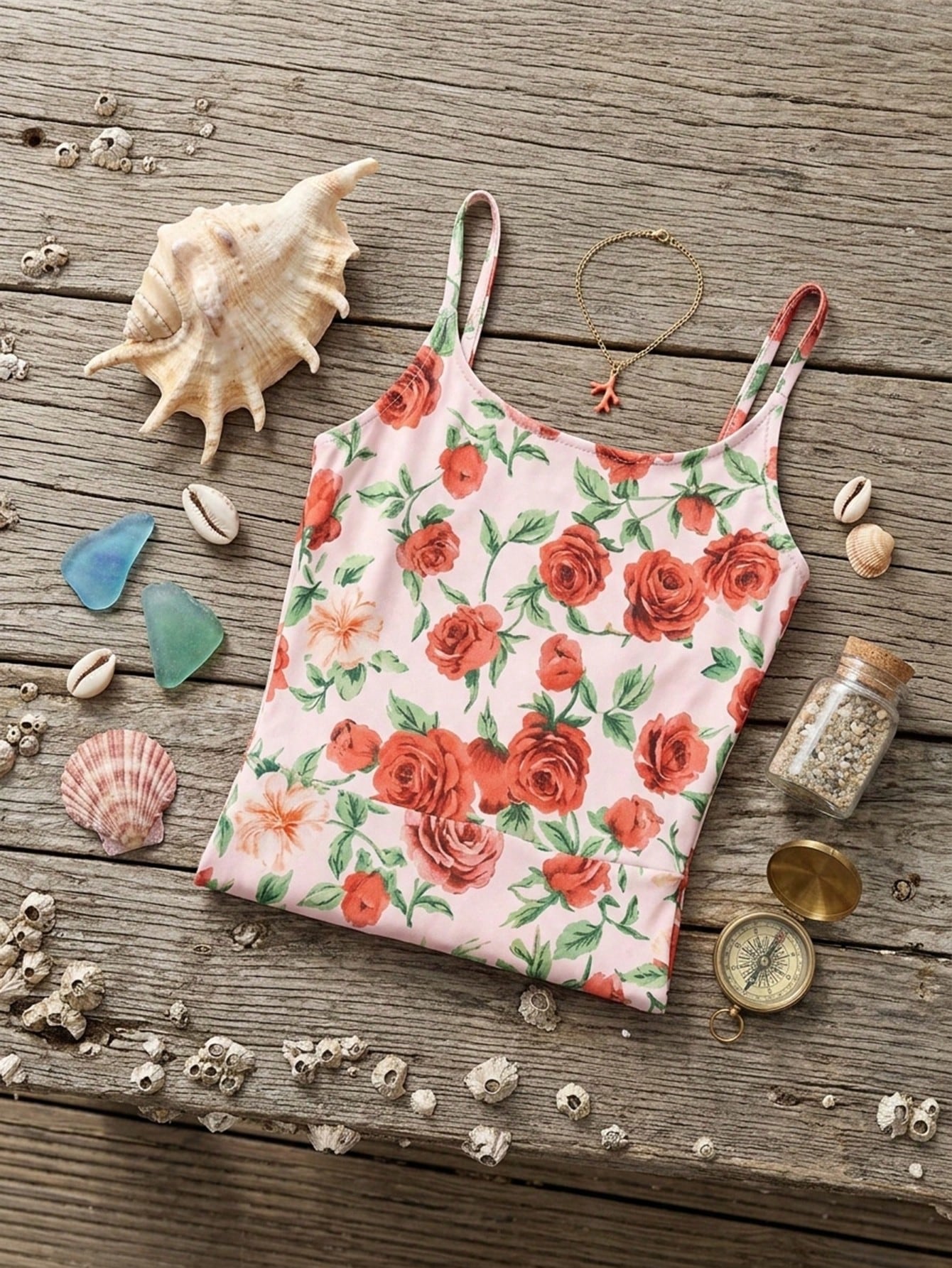 Girls' red and white one-piece swimsuit with fruit and vegetable print, spaghetti straps, applique details, and zipper for vacation summer swimwear.