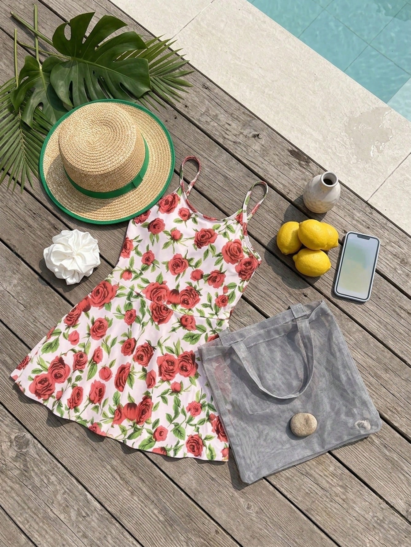 Girls' red and white one-piece swimsuit with fruit and vegetable print, spaghetti straps, applique details, and zipper for vacation summer swimwear.