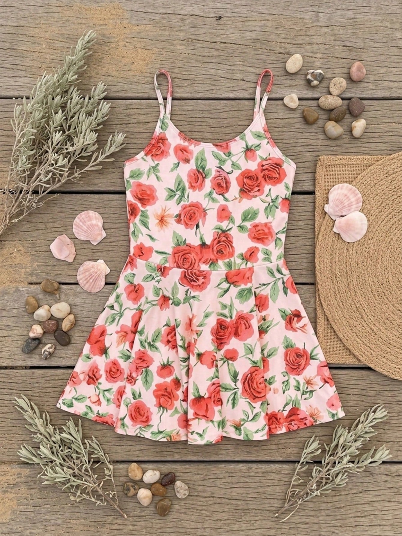 Girls' red and white one-piece swimsuit with fruit and vegetable print, spaghetti straps, applique details, and zipper for vacation summer swimwear.