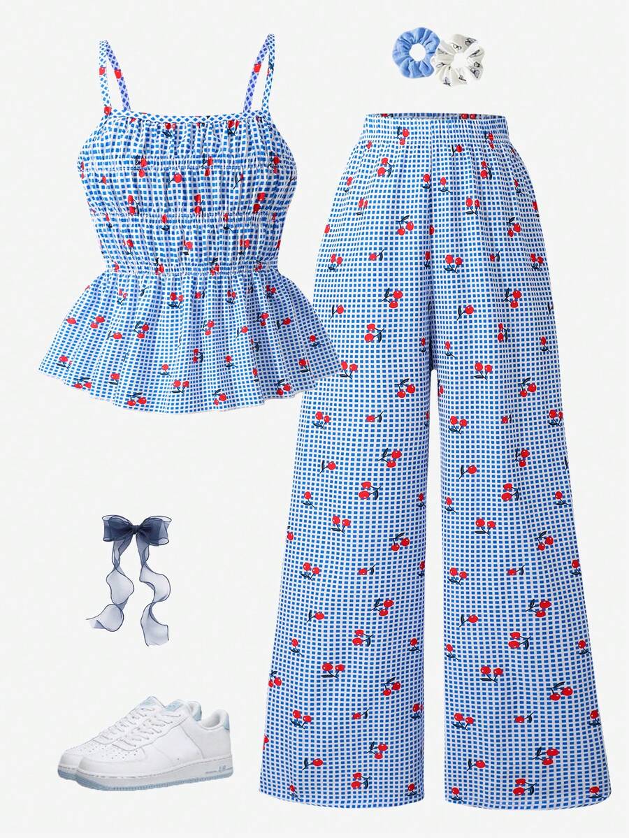 Girls 2-piece summer outfit set featuring a blue bow print camisole top with spaghetti straps and matching high-waisted straight leg pants.