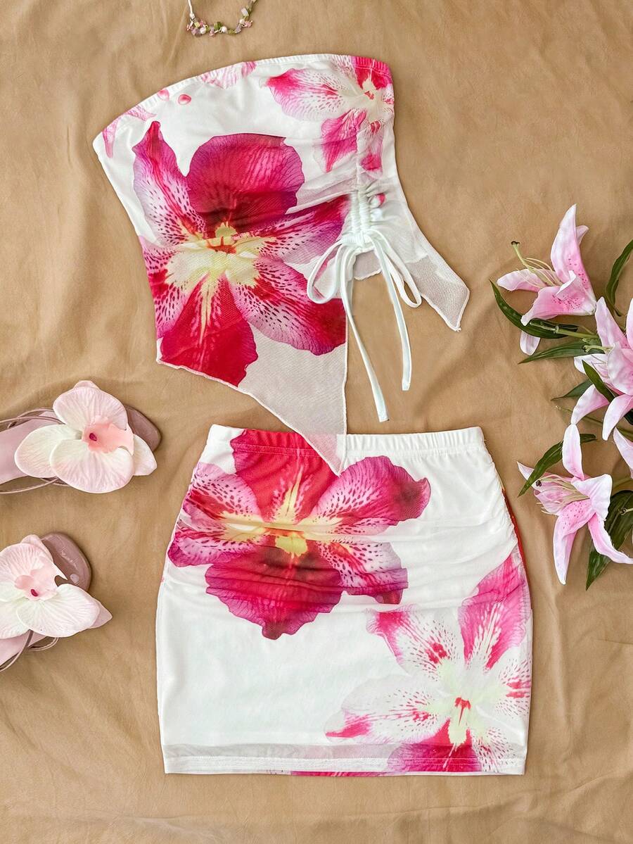 Tween girls apricot two-piece set featuring a spaghetti strap tank top and skirt with ruched lettuce trim.