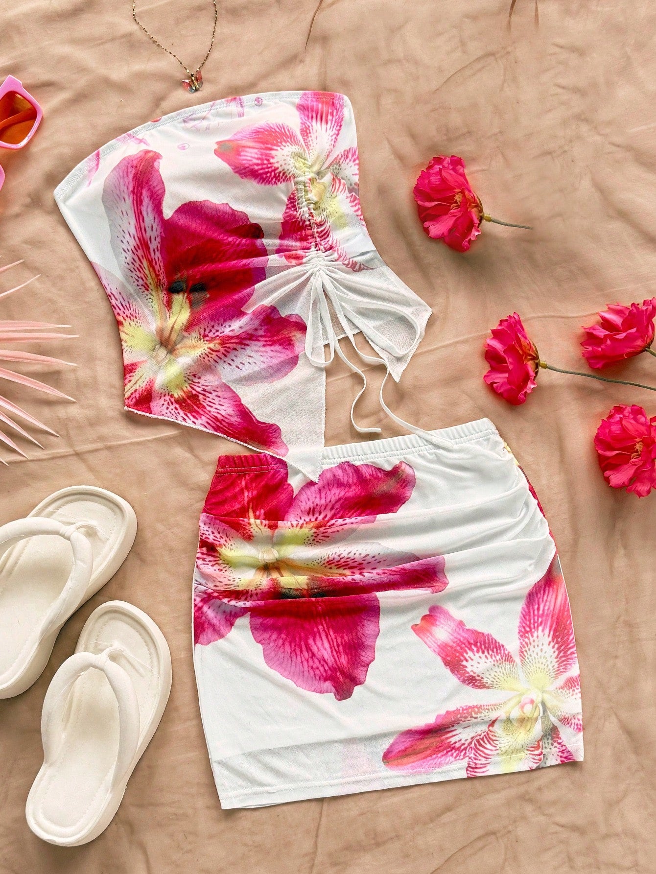 Tween girls apricot two-piece set featuring a spaghetti strap tank top and skirt with ruched lettuce trim.