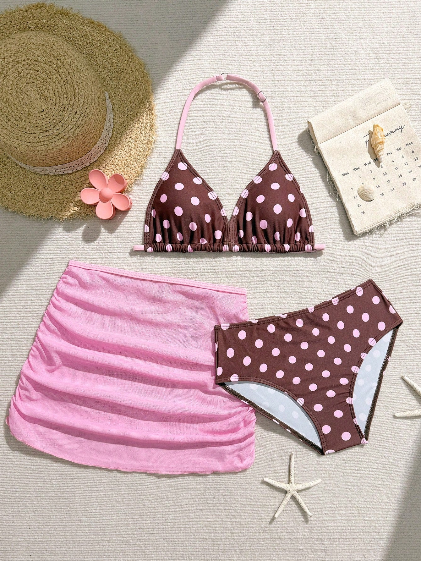 Tween Girls 3-Piece Bikini Set,Brown Polko Dot,Cute,Summer,Beach,Vacation,Holiday,Pink Striped Halter Top,Adjustable Back,Skirt Bottoms,Bathing Suits