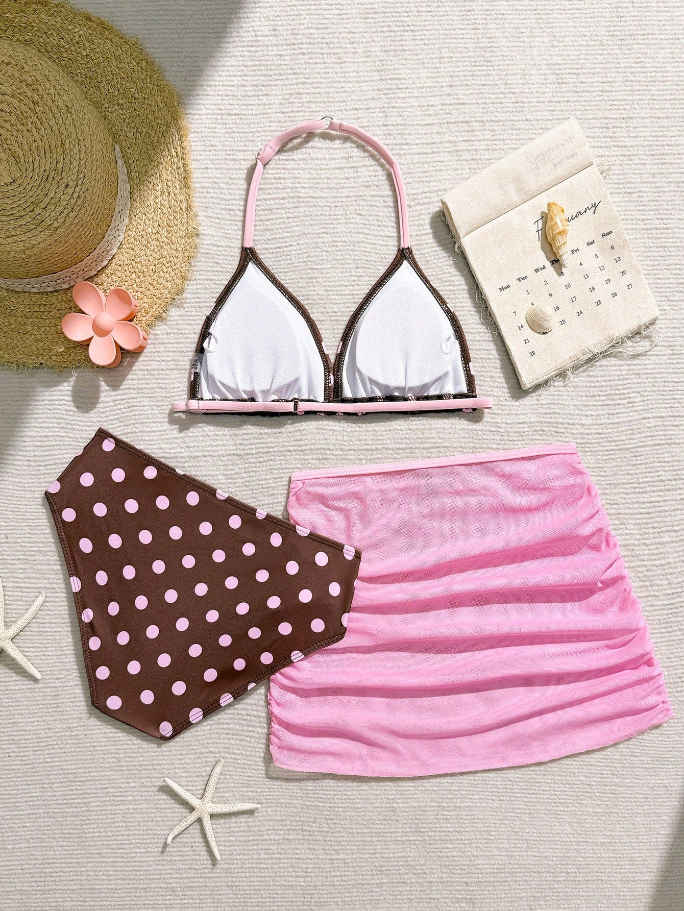 Tween Girls 3-Piece Bikini Set,Brown Polko Dot,Cute,Summer,Beach,Vacation,Holiday,Pink Striped Halter Top,Adjustable Back,Skirt Bottoms,Bathing Suits