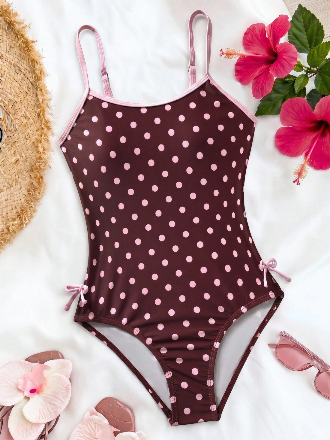 Kids Tween Girl Brown And Pink Polka Dot Print Contrast Color One-Piece Swimsuit,Cute Fashionable Summer Beach Holiday Style For Spring/Summer